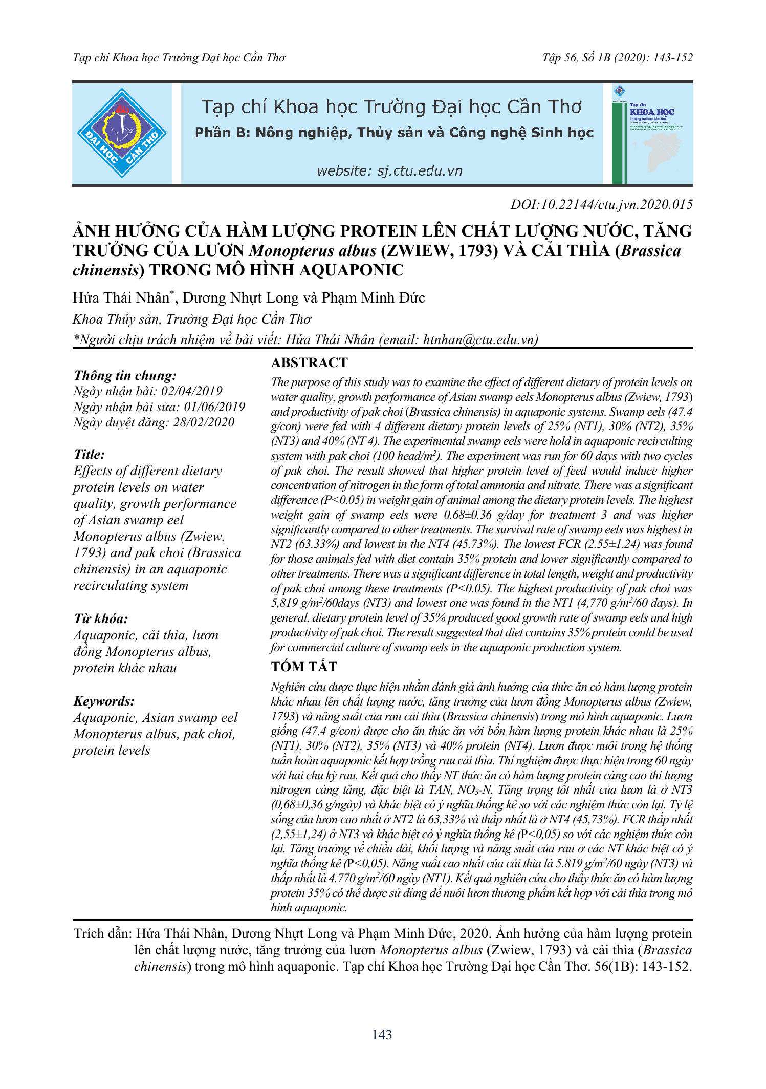 Ảnh hưởng của hàm lượng protein lên chất lượng nước, tăng trưởng của lươn Monopterus albus (Zwiew, 1793) và cải thìa (Brassica chinensis) trong mô hình aquaponic