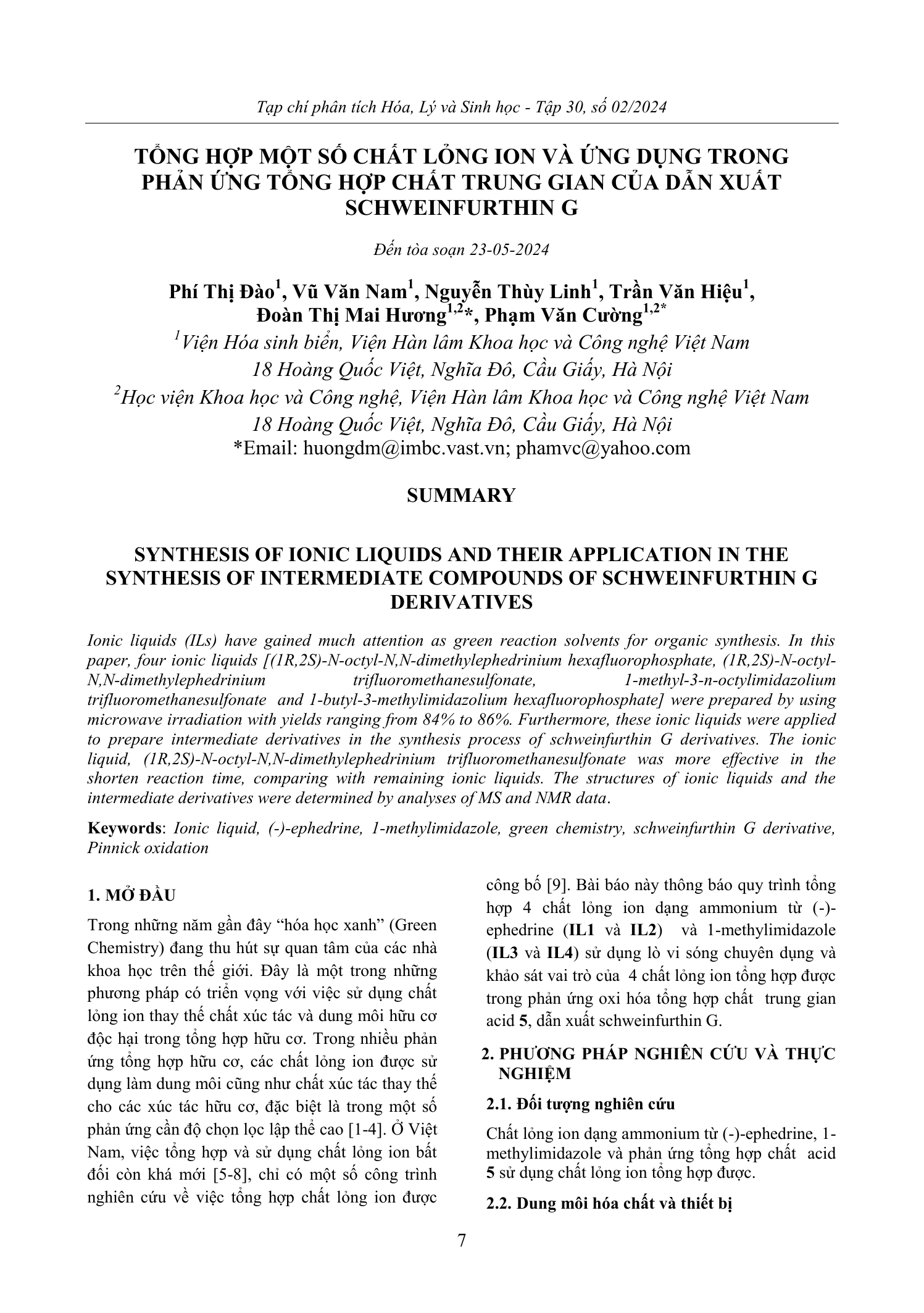 Tổng hợp một số chất lỏng ion và ứng dụng trong phản ứng tổng hợp chất trung gian của dẫn xuất Schweinfurthing