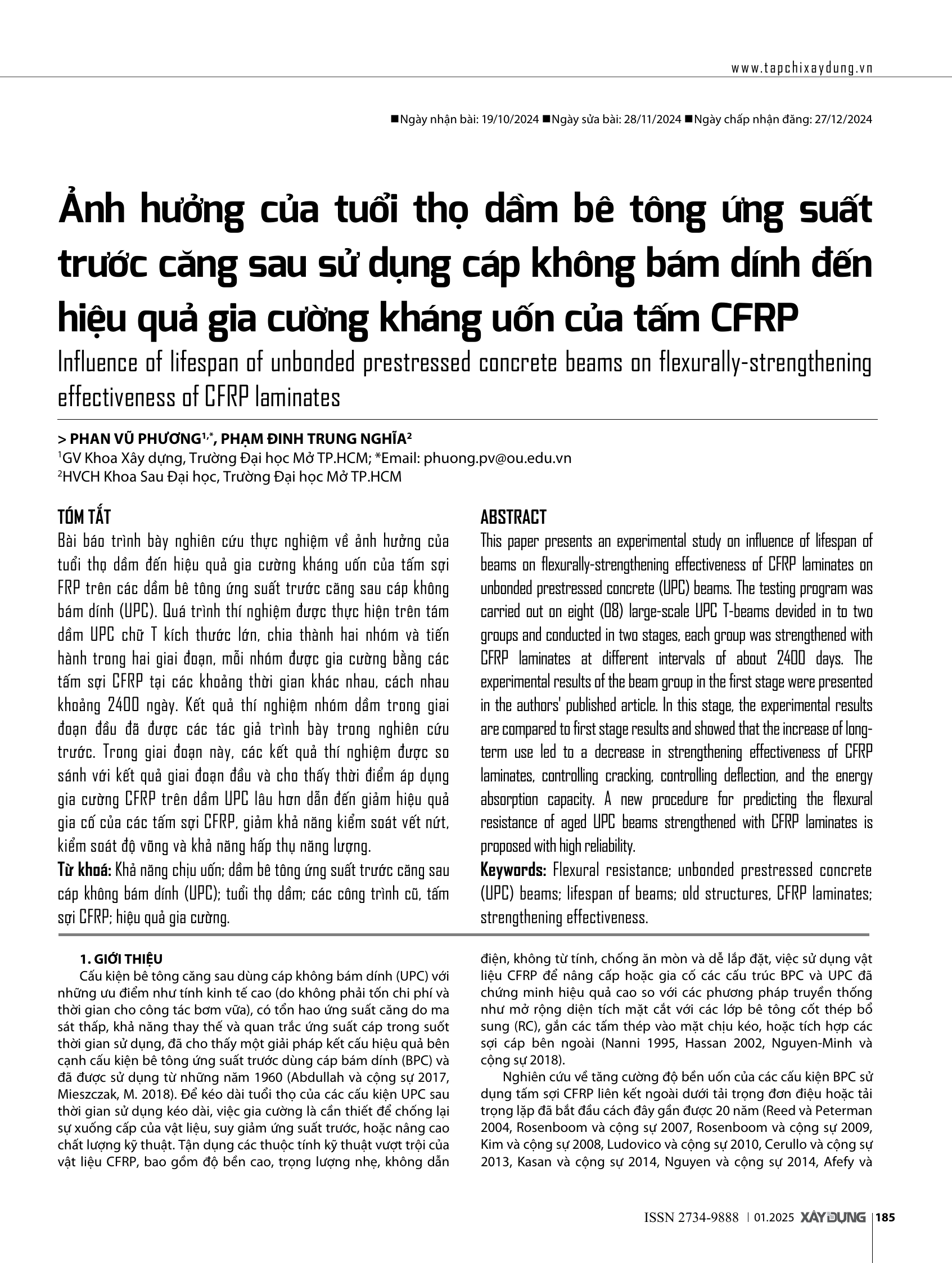 Ảnh hưởng của tuổi thọ dầm bê tông ứng suất trước căng sau sử dụng cáp không bám dính đến hiệu quả gia cường kháng uốn của tấm CFRP