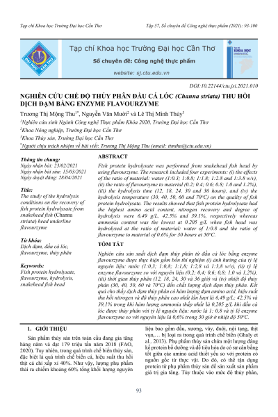Nghiên cứu chế độ thủy phân đầu cá lóc (Channa striata) thu hồi dịch đạm bằng enzyme flavourzyme