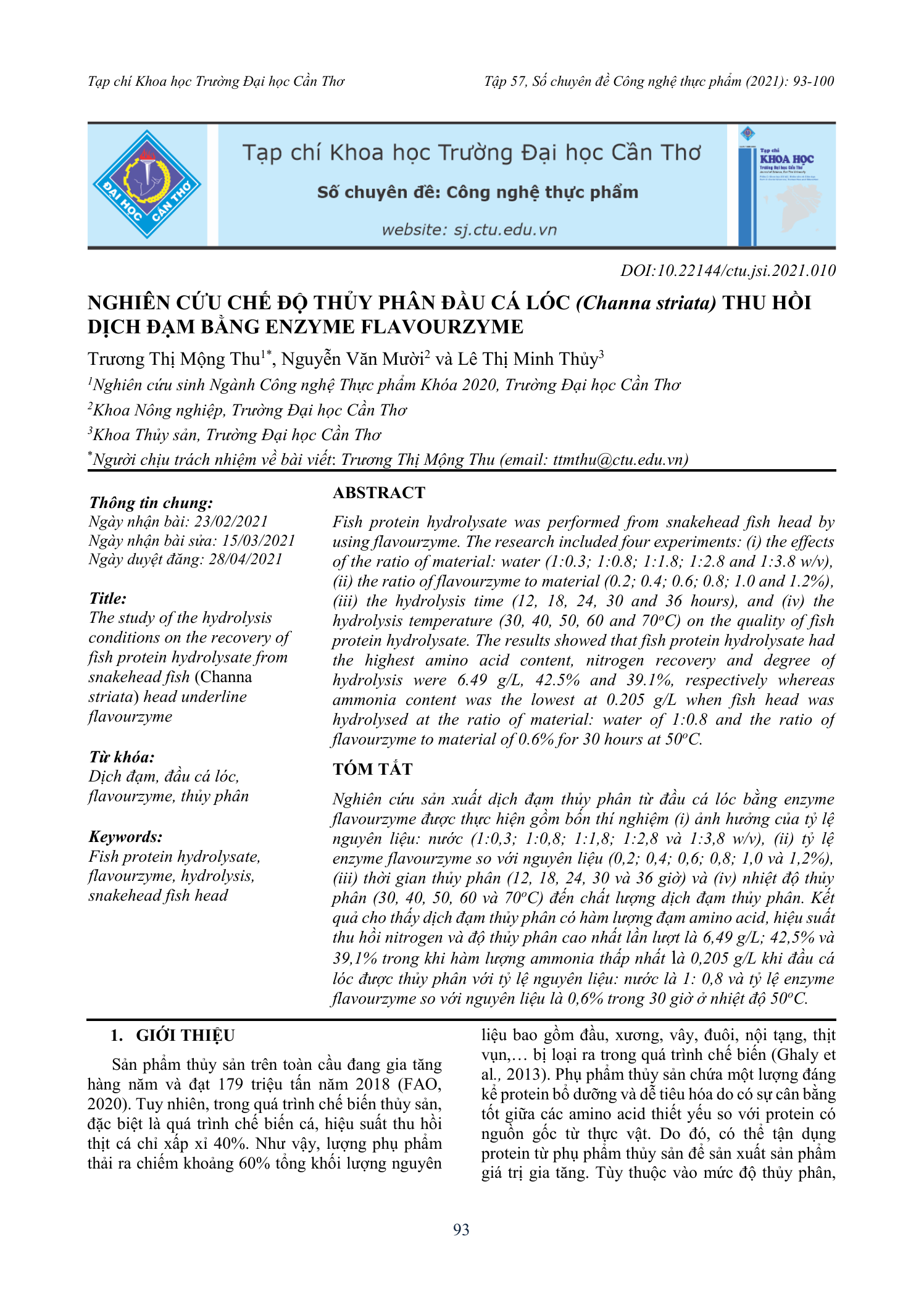 Nghiên cứu chế độ thủy phân đầu cá lóc (Channa striata) thu hồi dịch đạm bằng enzyme flavourzyme