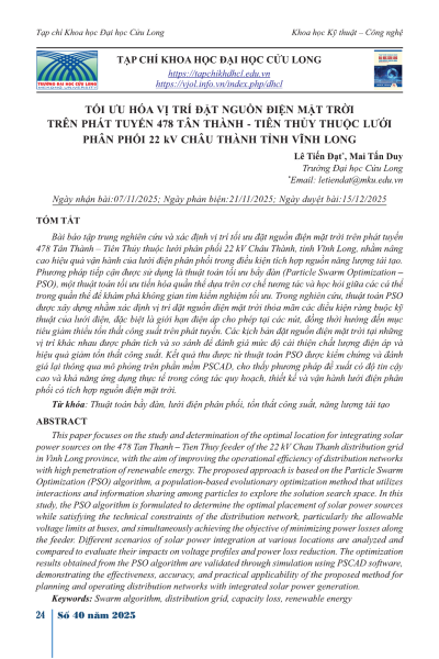 Tối ưu hóa vị trí đặt nguồn điện mặt trời trên phát tuyến 478 Tân Thành - Tiên Thủy thuộc lưới phân phối 22 kV Châu Thành tỉnh Vĩnh Long