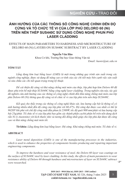 Ảnh hưởng của các thông số công nghệ chính đến độ cứng và tổ chức tế vi của lớp phủ Deloro 60 (Ni) trên nền thép SUS440C sử dụng công nghệ phun phủ laser cladding