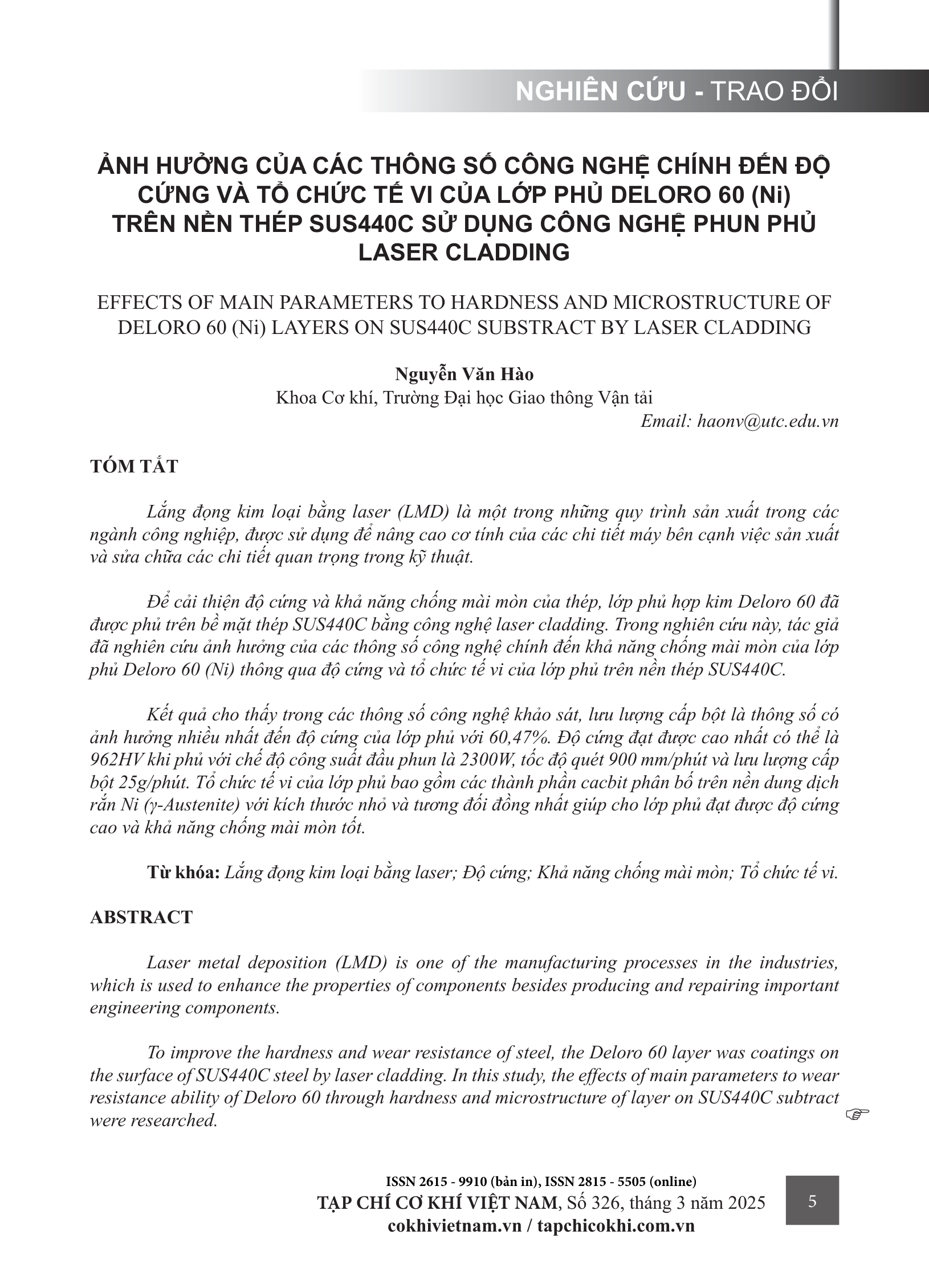 Ảnh hưởng của các thông số công nghệ chính đến độ cứng và tổ chức tế vi của lớp phủ Deloro 60 (Ni) trên nền thép SUS440C sử dụng công nghệ phun phủ laser cladding