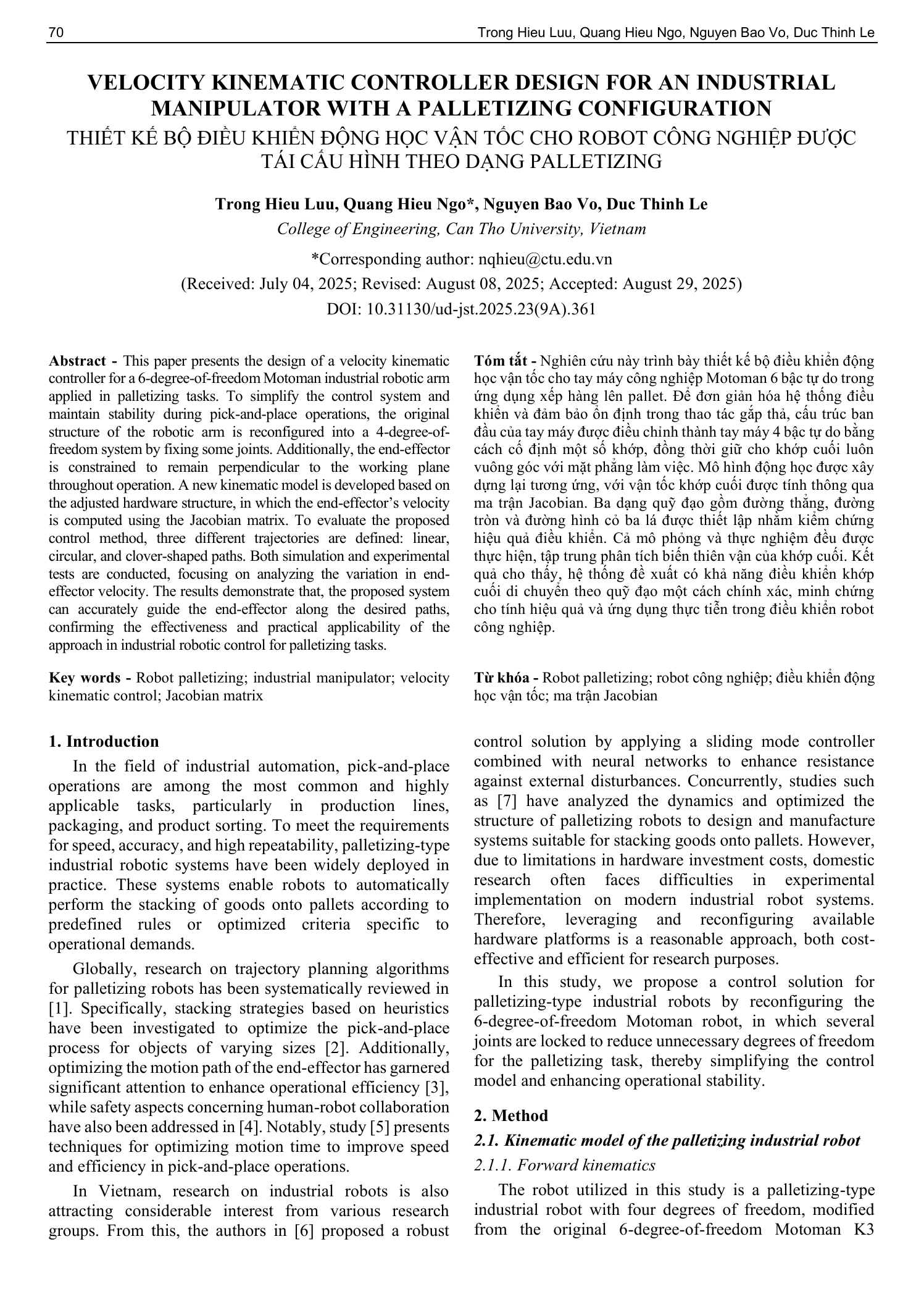 Thiết kế bộ điều khiển động học vận tốc cho robot công nghiệp được tái cấu hình theo dạng palletizing