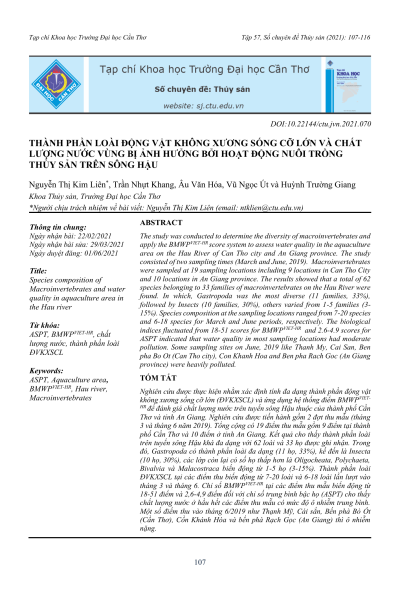Thành phần loài động vật không xương sống cỡ lớn và chất lượng nước vùng bị ảnh hưởng bởi hoạt động nuôi trồng thủy sản trên sông Hậu