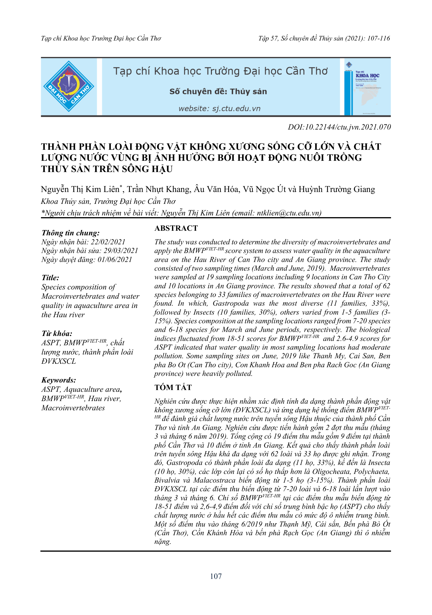 Thành phần loài động vật không xương sống cỡ lớn và chất lượng nước vùng bị ảnh hưởng bởi hoạt động nuôi trồng thủy sản trên sông Hậu