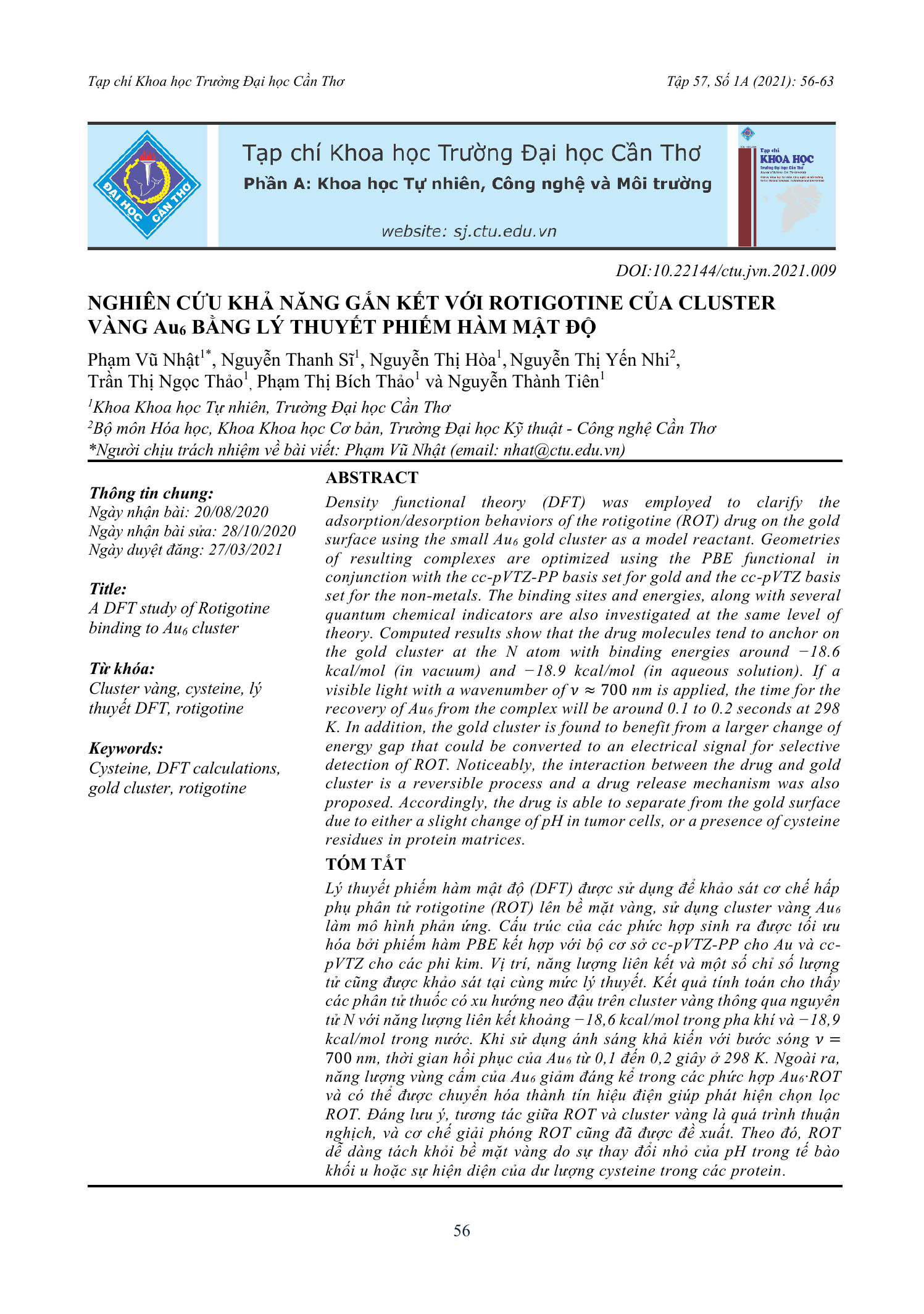 Nghiên cứu khả năng gắn kết với rotigotine của cluster vàng Au6 bằng lý thuyết phiếm hàm mật độ