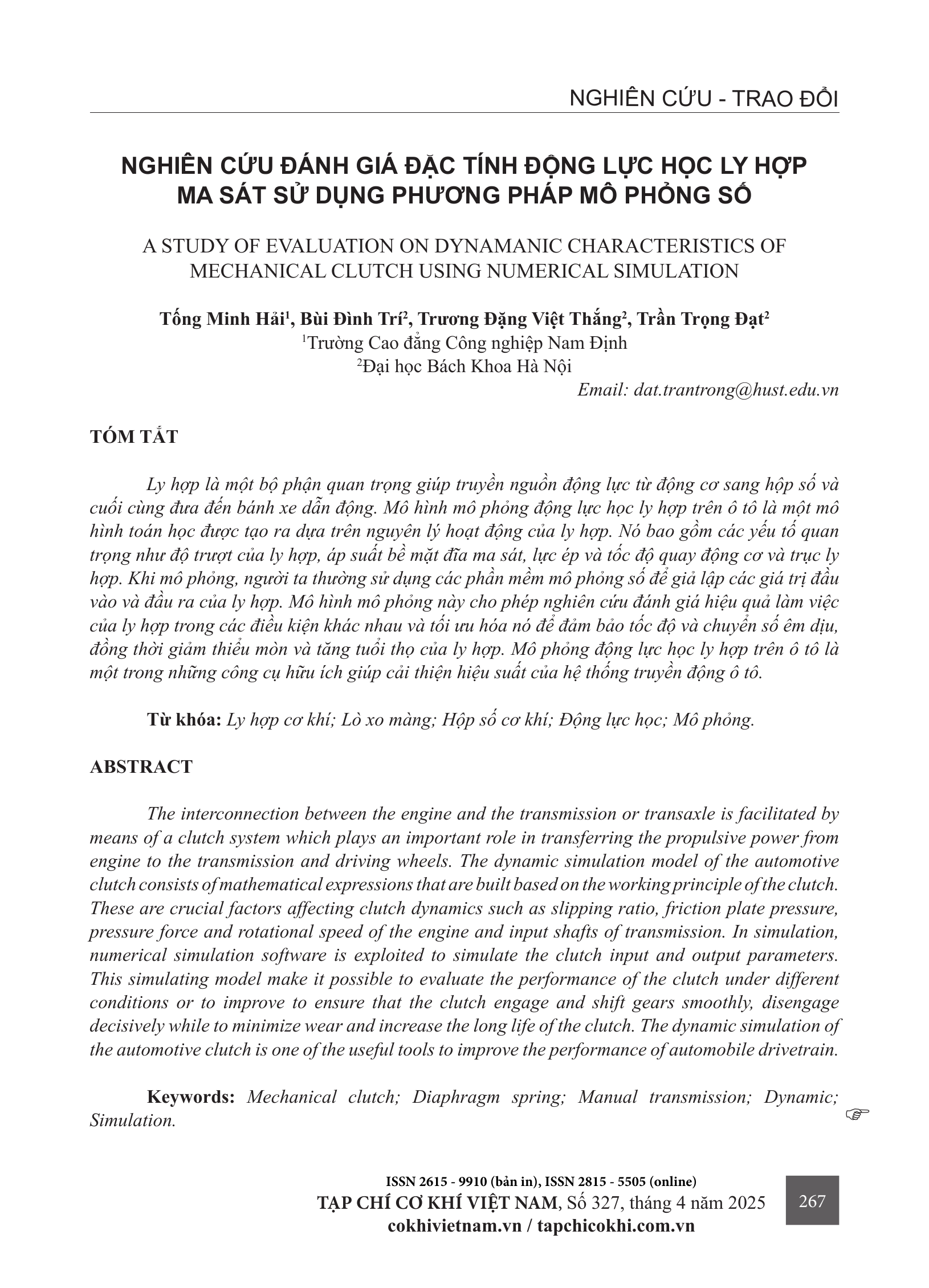 Nghiên cứu đánh giá đặc tính động lực học ly hợp ma sát sử dụng phương pháp mô phỏng số