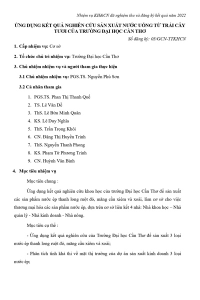 Ứng dụng kết quả nghiên cứu sản xuất nước uống từ trái cây tươi của Trường Đại học Cần Thơ (2022)