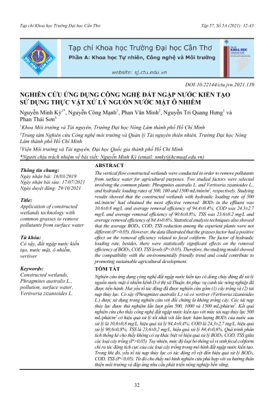 Nghiên cứu ứng dụng công nghệ đất ngập nước kiến tạo sử dụng thực vật xử lý nguồn nước mặt ô nhiễm