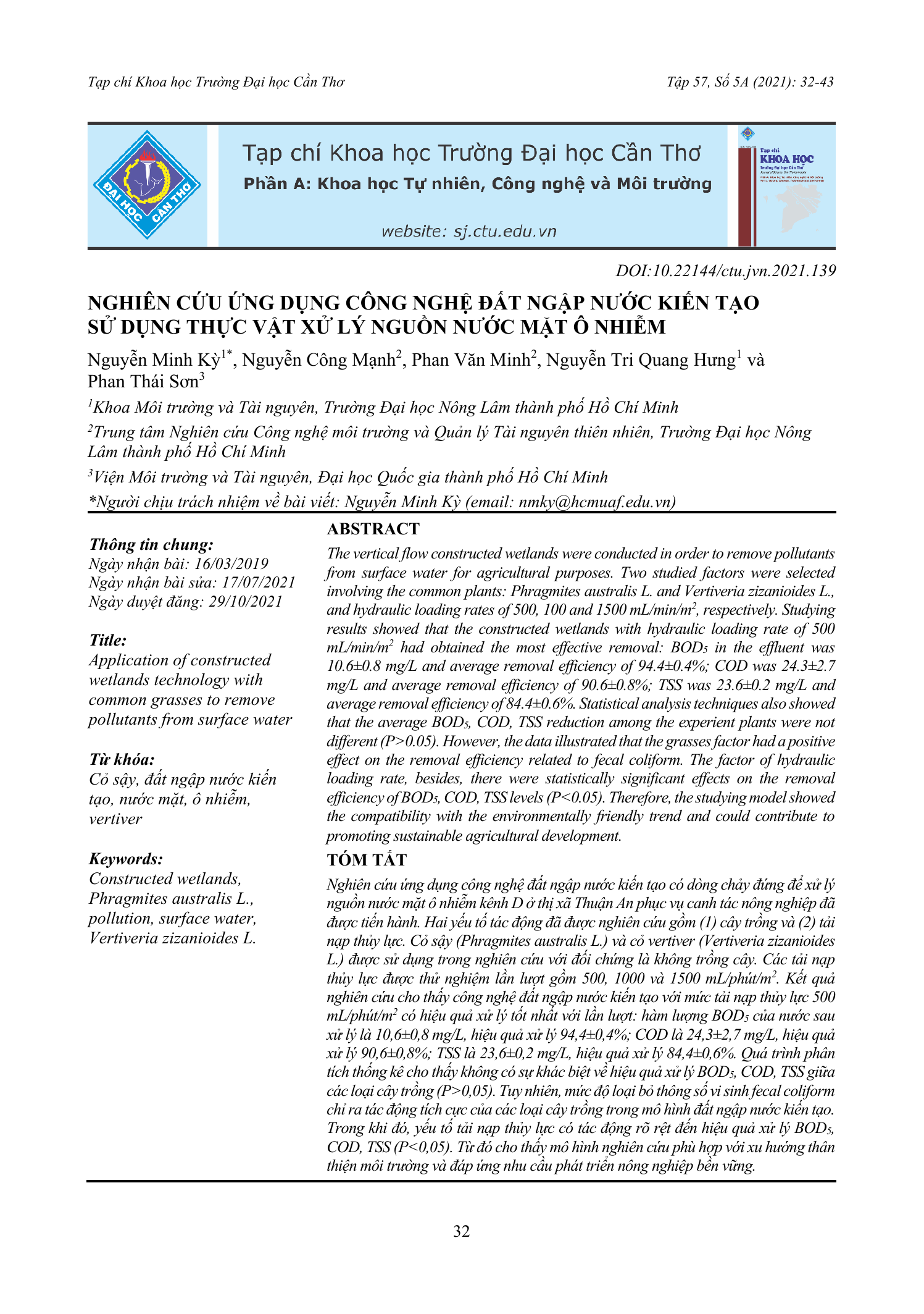 Nghiên cứu ứng dụng công nghệ đất ngập nước kiến tạo sử dụng thực vật xử lý nguồn nước mặt ô nhiễm