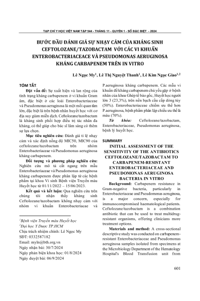 Bước đầu đánh giá sự nhạy cảm của kháng sinh Ceftolozane/tazobactam với các vi khuẩn Enterobacteriaceae và Pseudomonas aeruginosa kháng carbapenem trên in vitro
