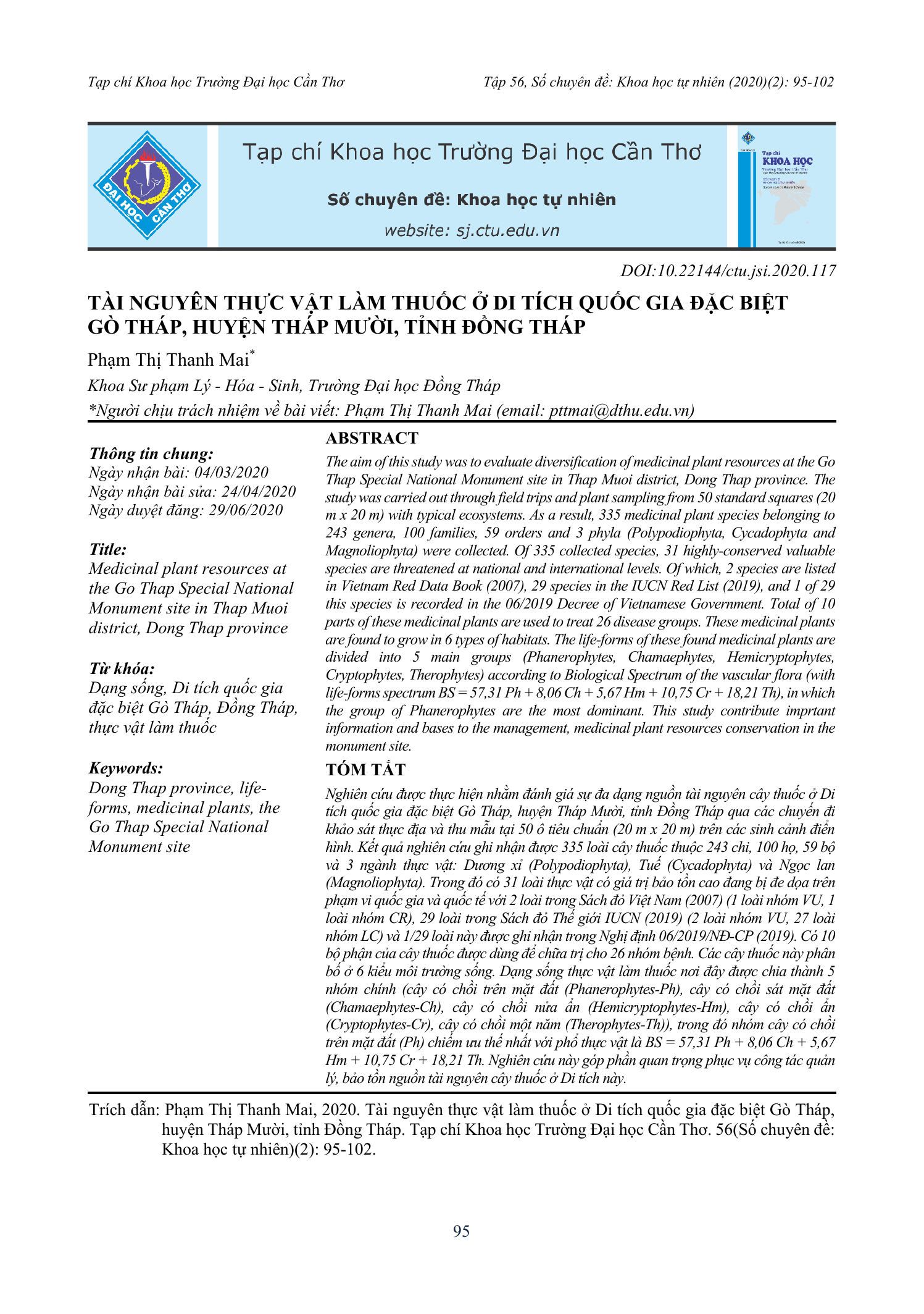 Tài nguyên thực vật làm thuốc ở Di tích quốc gia đặc biệt Gò Tháp, huyện Tháp Mười, tỉnh Đồng Tháp