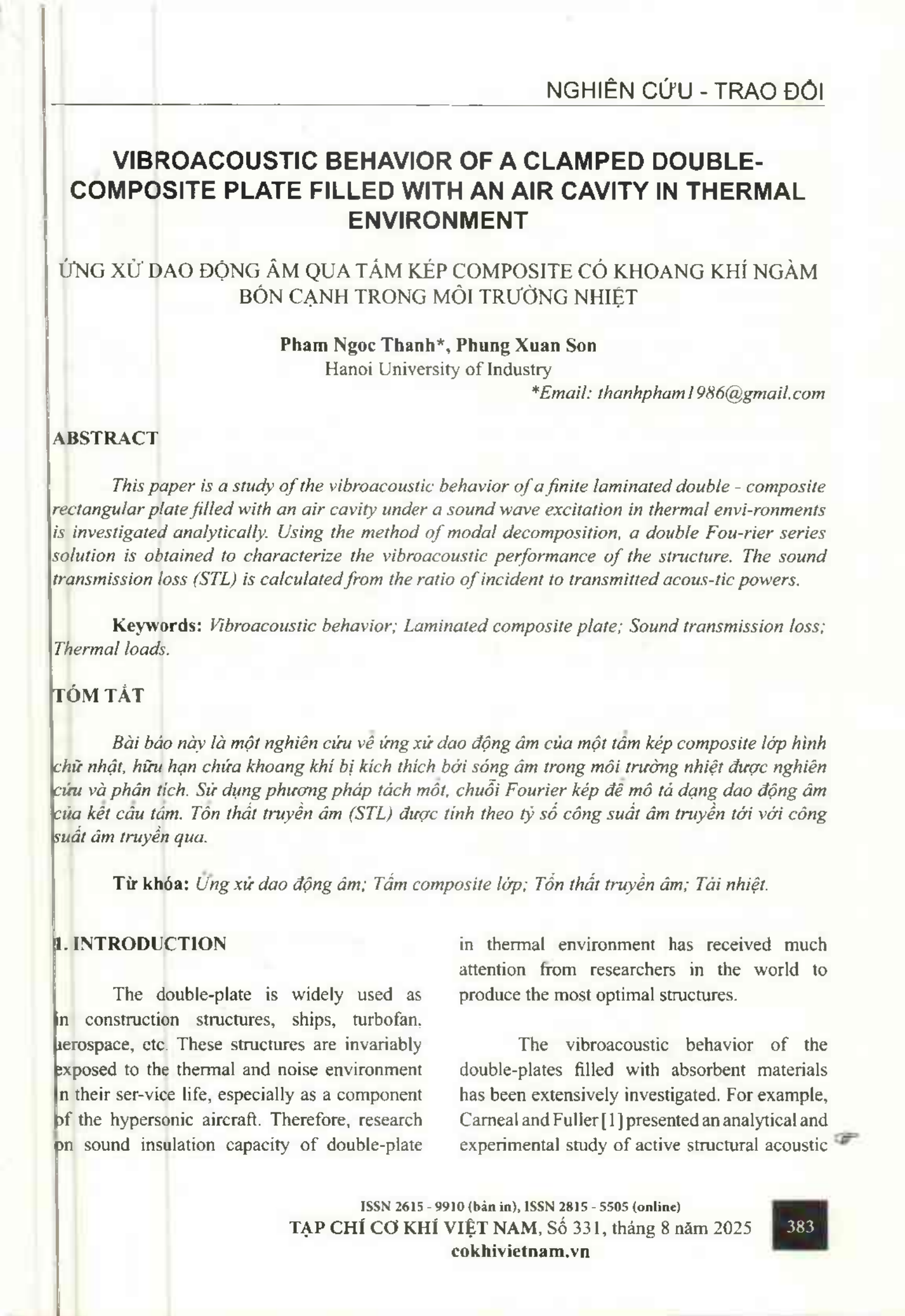 Ứng xử dao động âm của tấm kép composite có khoang khí ngầm bốn cạnh trong môi trường nhiệt