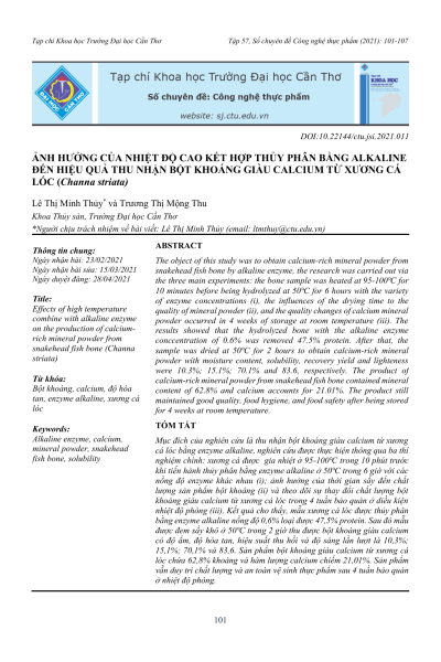 Ảnh hưởng của nhiệt độ cao kết hợp thủy phân bằng alkaline đến hiệu quả thu nhận bột khoáng giàu calcium từ xương cá lóc (Channa striata)