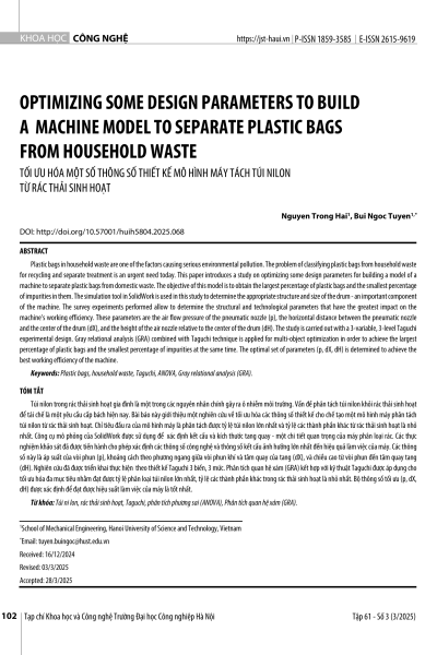 Tối ưu hóa một số thông số thiết kế mô hình máy tách túi nilon từ rác thải sinh hoạt