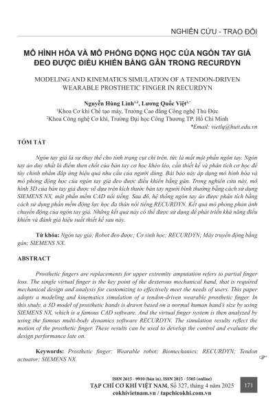 Mô hình hóa và mô phỏng động học của ngón tay giả đeo được điều khiển bằng gân trong RecurDyn