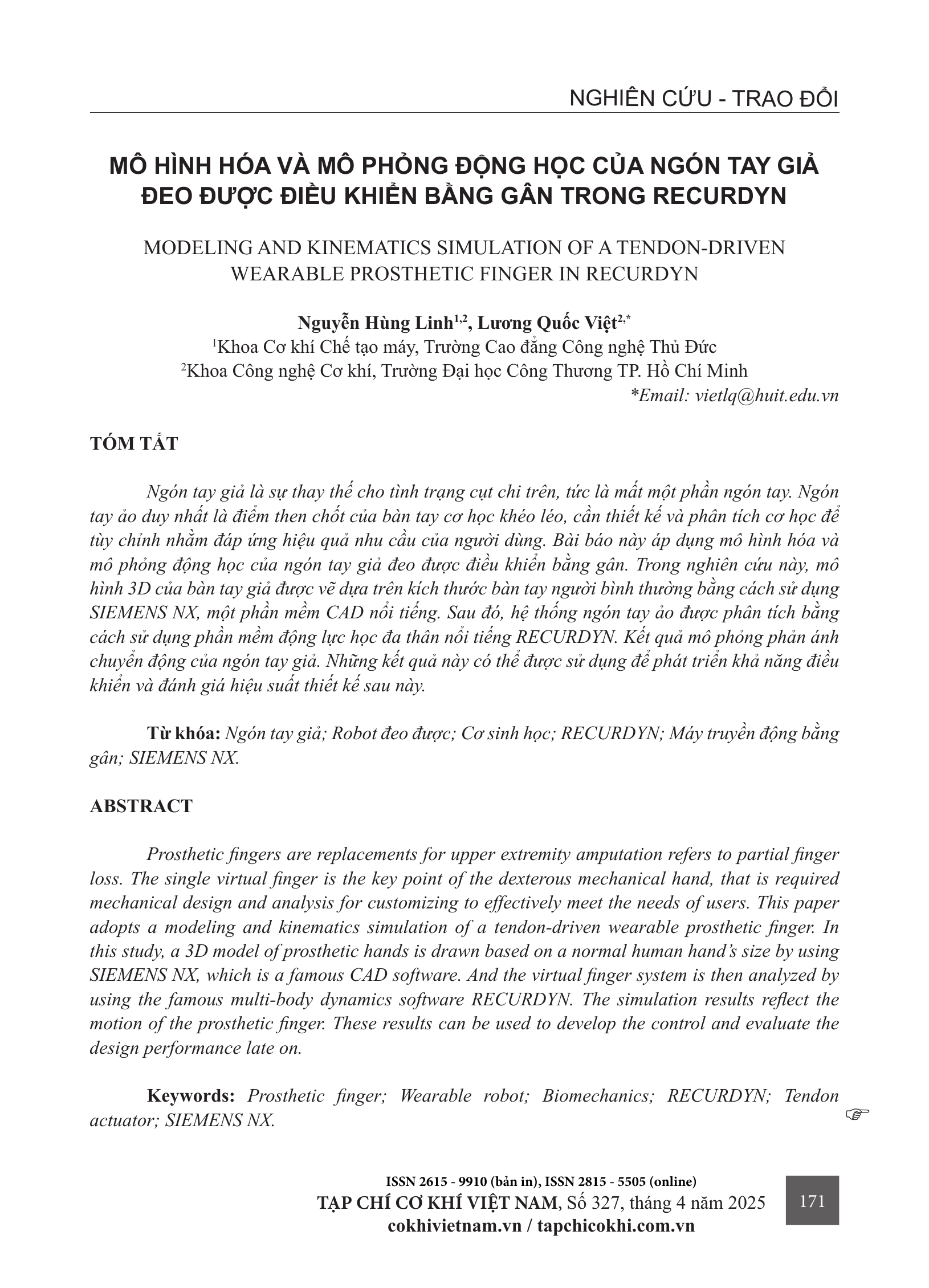 Mô hình hóa và mô phỏng động học của ngón tay giả đeo được điều khiển bằng gân trong RecurDyn