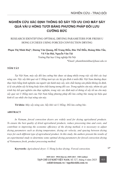 Nghiên cứu xác định thông số sấy tối ưu cho máy sấy quả vải U Hồng tươi bằng phương pháp đối lưu cưỡng bức
