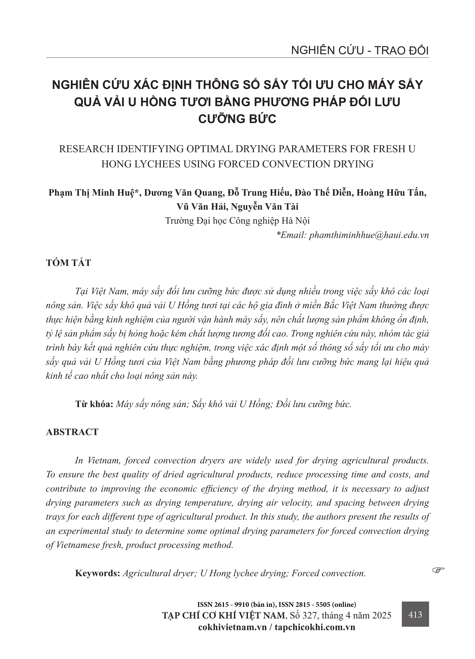 Nghiên cứu xác định thông số sấy tối ưu cho máy sấy quả vải U Hồng tươi bằng phương pháp đối lưu cưỡng bức