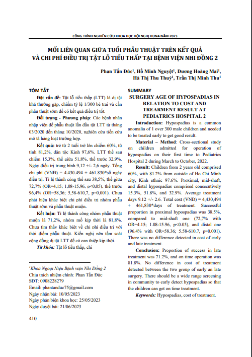 Mối liên quan giữa tuổi phẫu thuật trên kết quả và chi phí điều trị tật lỗ tiểu thấp tại Bệnh viện Nhi Đồng 2