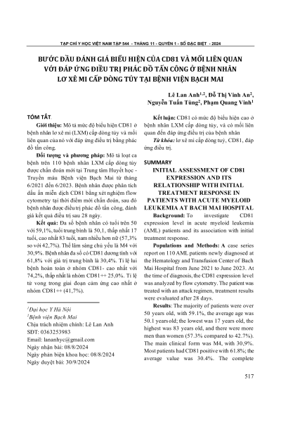 Bước đầu đánh giá biểu hiện của CD81 và mối liên quan với đáp ứng điều trị phác đồ tấn công ở bệnh nhân lơ xê mi cấp dòng tủy tại bệnh viện Bạch Mai