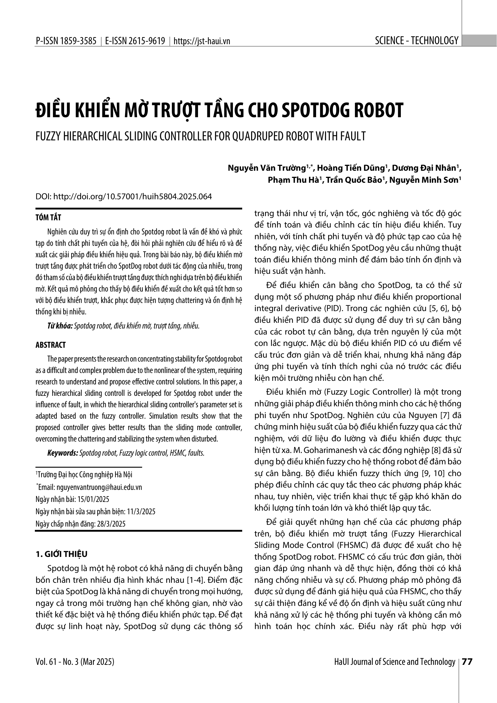 Điều khiển mờ trượt tầng cho Spotdog robot