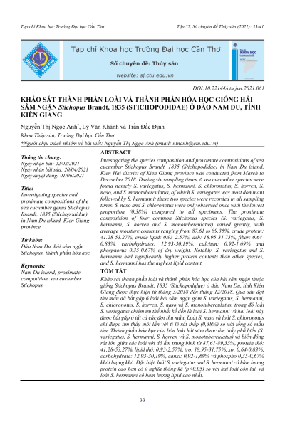Khảo sát thành phần loài và thành phần hóa học giống hải sâm ngắn Stichopus Brandt, 1835 (Stichopodidae) ở đảo Nam Du, tỉnh Kiên Giang