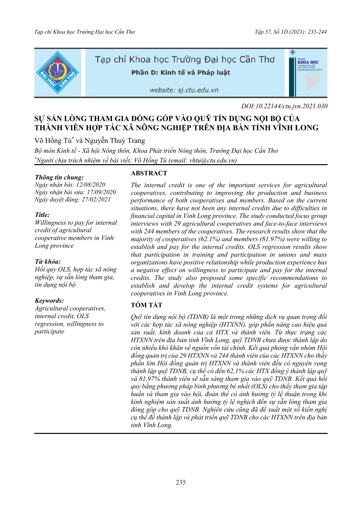 Sự sẵn lòng tham gia đóng góp vào quỹ tín dụng nội bộ của thành viên hợp tác xã nông nghiệp trên địa bàn tỉnh Vĩnh Long