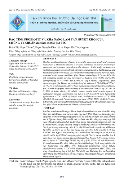Đặc tính probiotic và khả năng làm tan huyết khối của chủng vi khuẩn Bacillus subtilis natto
