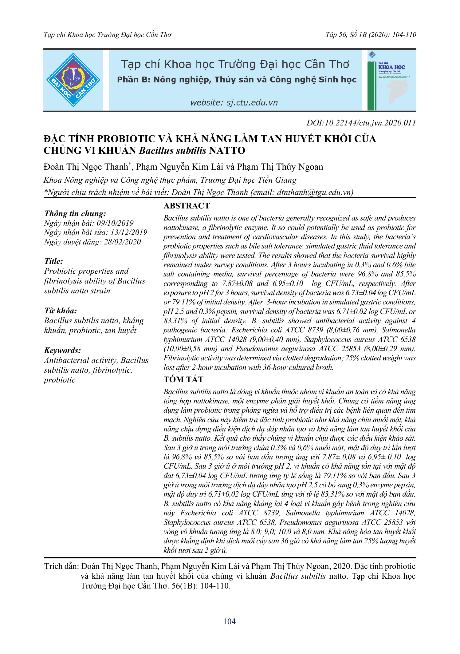 Đặc tính probiotic và khả năng làm tan huyết khối của chủng vi khuẩn Bacillus subtilis natto