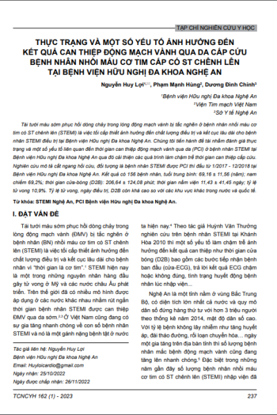 Thực trạng và một số yếu tố ảnh hưởng đến kết quả can thiệp động mạch vành qua da cấp cứu bệnh nhân nhồi máu cơ tim cấp có ST chênh lên tại Bệnh viện Hữu nghị Đa khoa Nghệ An