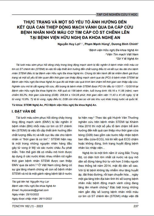 Thực trạng và một số yếu tố ảnh hưởng đến kết quả can thiệp động mạch vành qua da cấp cứu bệnh nhân nhồi máu cơ tim cấp có ST chênh lên tại Bệnh viện Hữu nghị Đa khoa Nghệ An