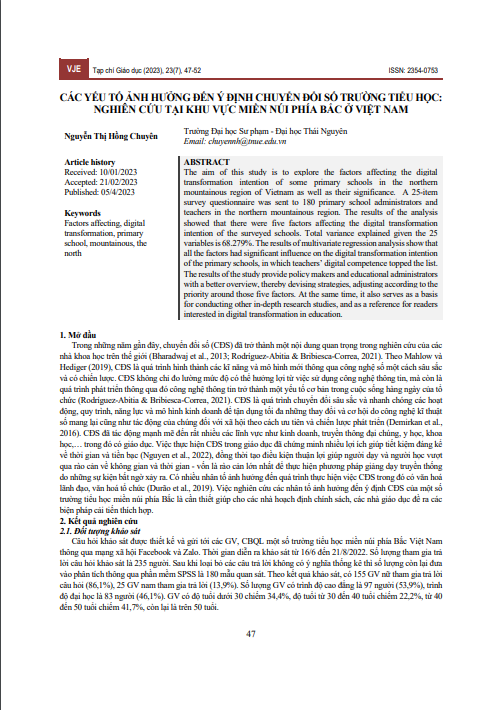 Các yếu tố ảnh hưởng đến ý định chuyển đổi số trường tiểu học: nghiên cứu tại khu vực miền núi phía Bắc ở Việt Nam