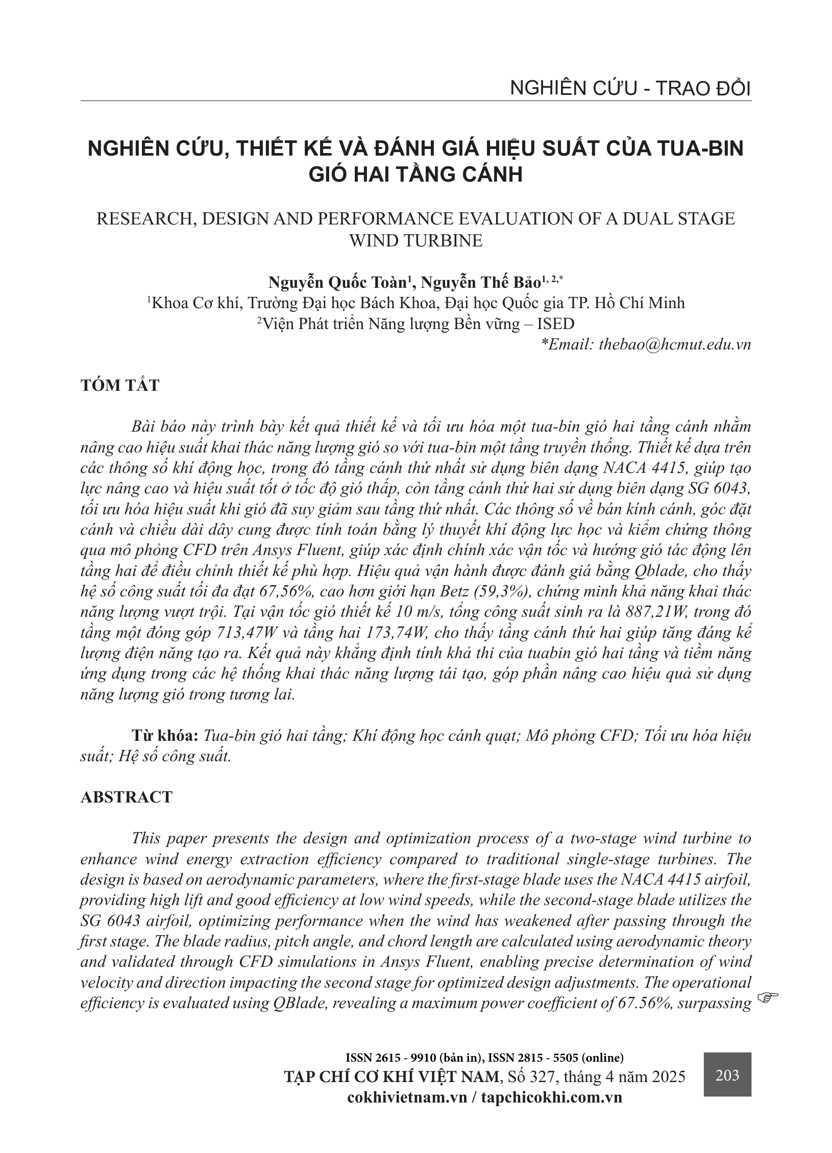 Nghiên cứu, thiết kế và đánh giá hiệu suất của tua-bin gió hai tầng cánh