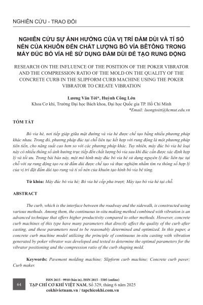 Nghiên cứu sự ảnh hưởng của vị trí đầm dùi và tỉ số nén của khuôn đến chất lượng bó vỉa bê tông trong máy đúc bó vỉa hè sử dụng đầm dùi để tạo rung động