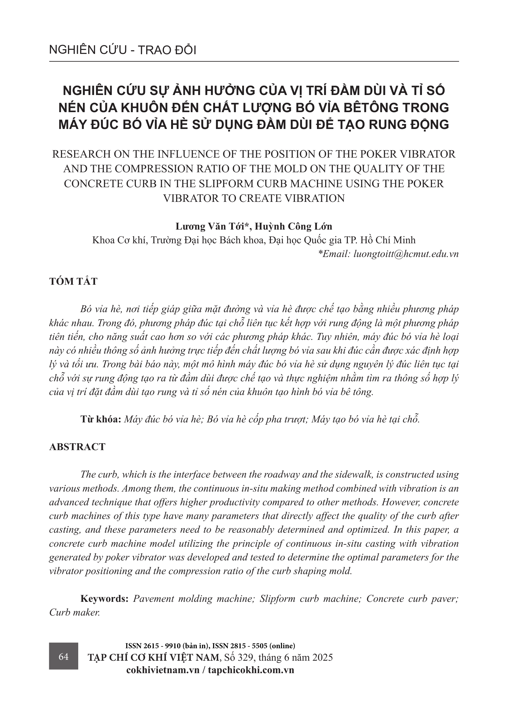 Nghiên cứu sự ảnh hưởng của vị trí đầm dùi và tỉ số nén của khuôn đến chất lượng bó vỉa bê tông trong máy đúc bó vỉa hè sử dụng đầm dùi để tạo rung động