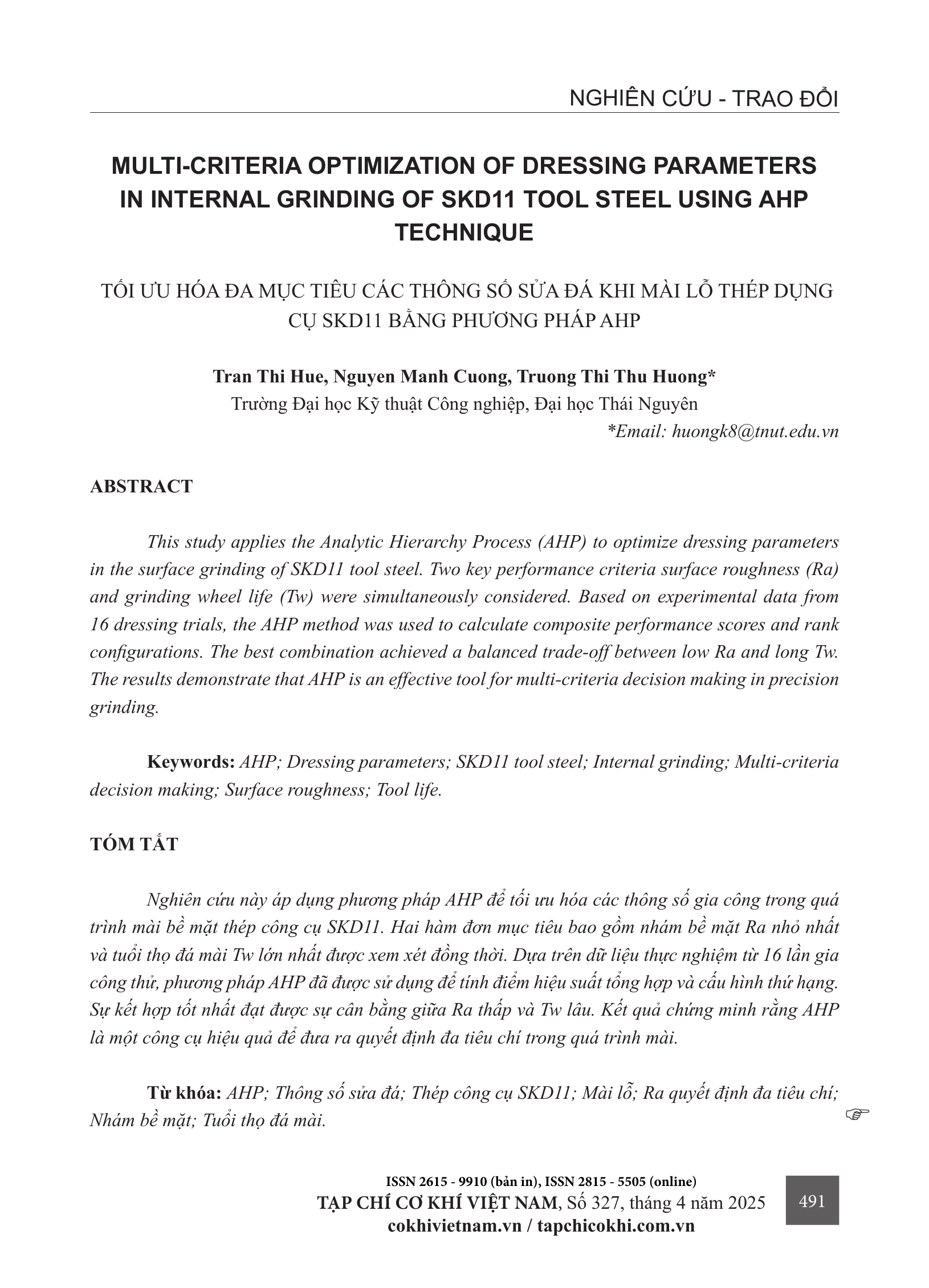 Tối ưu hóa đa mục tiêu các thông số sửa đá khi mài lỗ thép dụng cụ SKD11 bằng phương pháp AHP