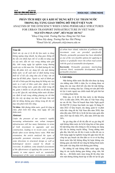 Phân tích hiệu quả khi sử dụng kết cấu thấm nước trong hạ tầng giao thông đô thị ở Việt Nam