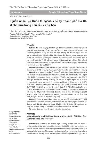 Nguồn nhân lực Quốc tế ngành Y tế tại Thành phố Hồ Chí Minh: thực trạng nhu cầu và dự báo