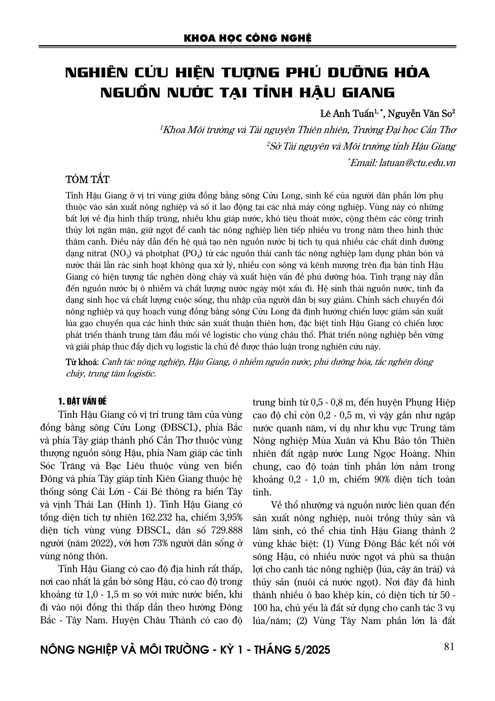 Nghiên cứu hiện tượng phú dưỡng hóa nguồn nước tại tỉnh Hậu Giang