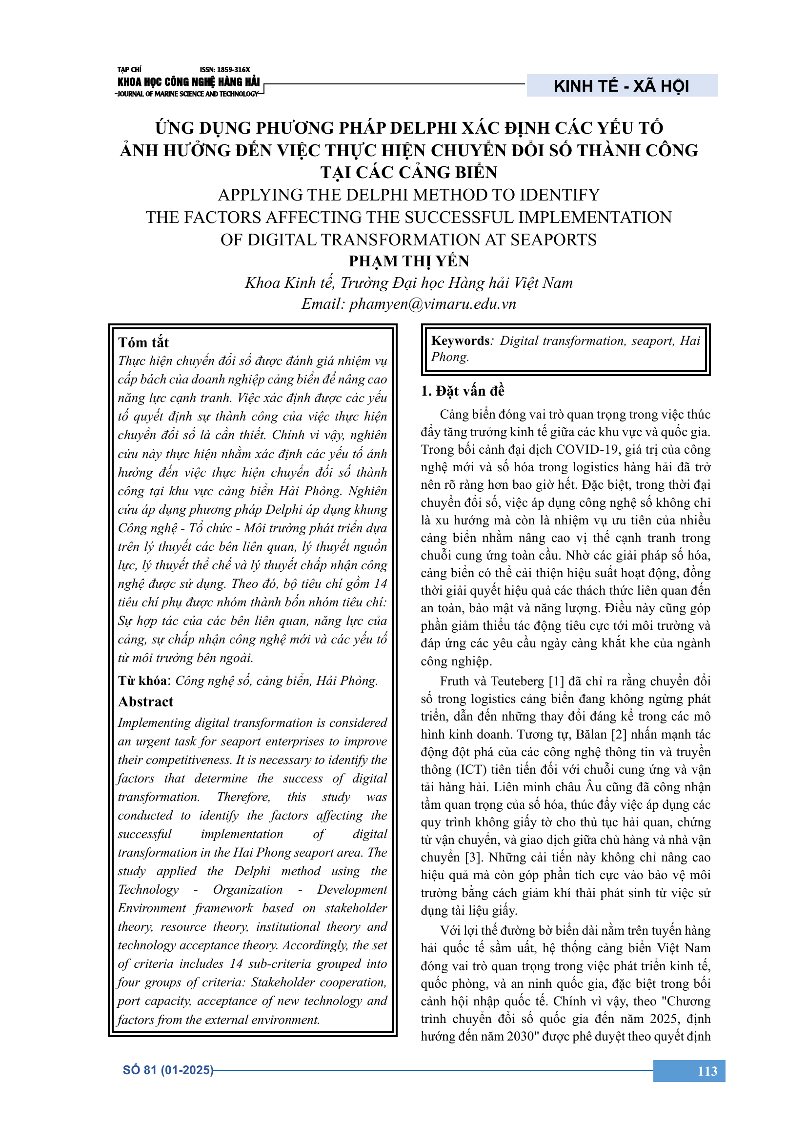 Ứng dụng phương pháp Delphi xác định các yếu tố ảnh hưởng đến việc thực hiện chuyển đổi số thành công tại các cảng biển