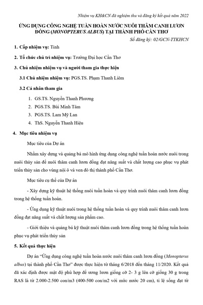 Ứng dụng công nghệ tuần hoàn nước nuôi thâm canh lươn đồng (Monopterus albus) tại thành phố Cần Thơ (2022)