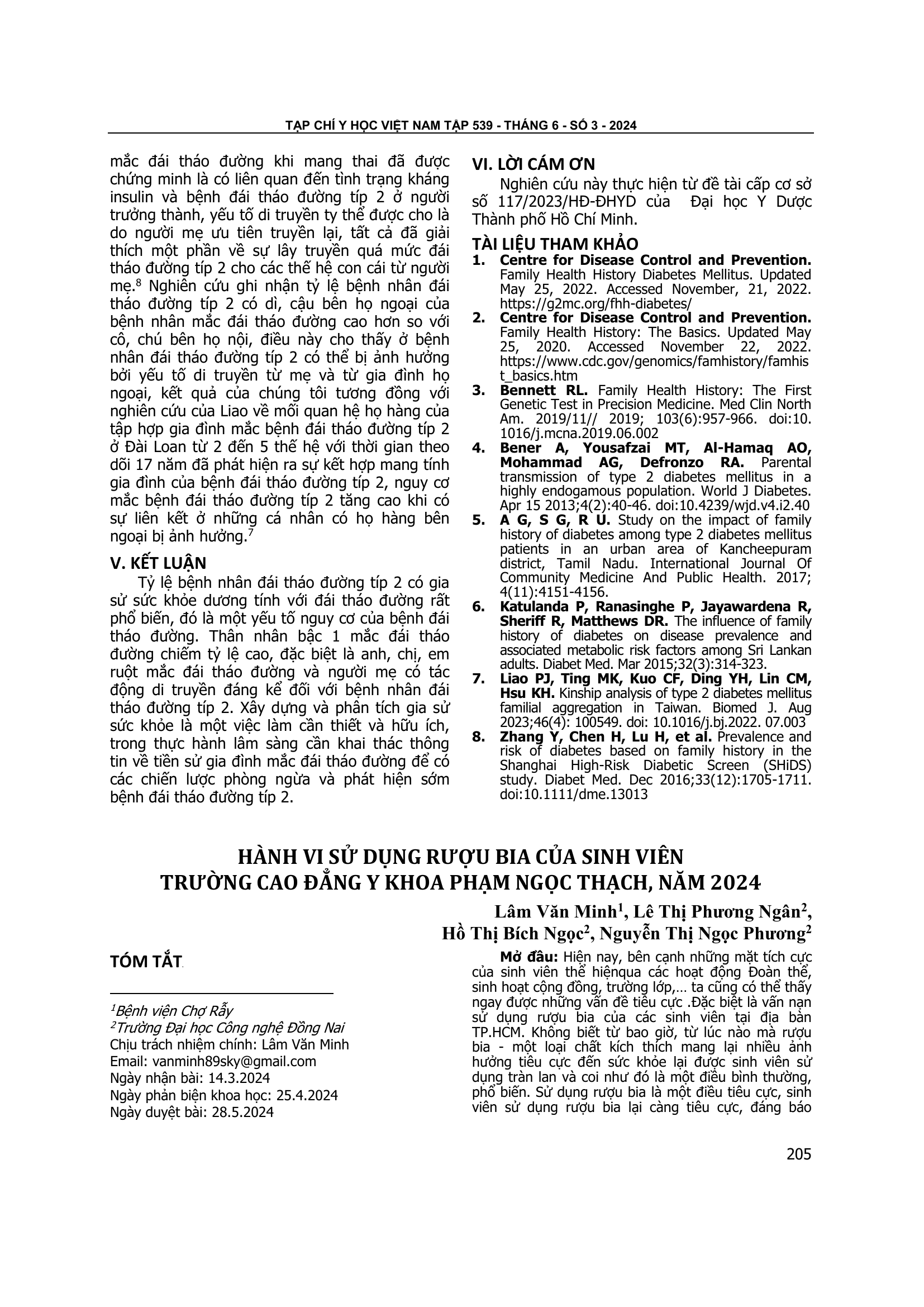 Hành vi sử dụng rượu bia của sinh viên trường cao đẳng y khoa Phạm Ngọc Thạch, năm 2024