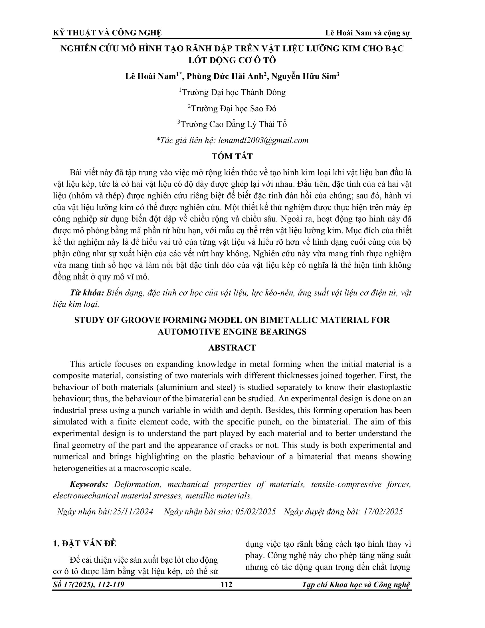 Nghiên cứu mô hình tạo rãnh dập trên vật liệu lưỡng kim cho bạc lót động cơ ô tô