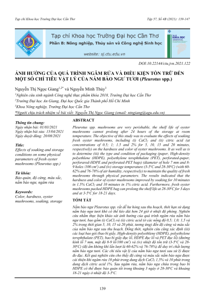 Ảnh hưởng của quá trình ngâm rửa và điều kiện tồn trữ đến một số chỉ tiêu vật lý của nấm bào ngư tươi (Pleurotus spp.)