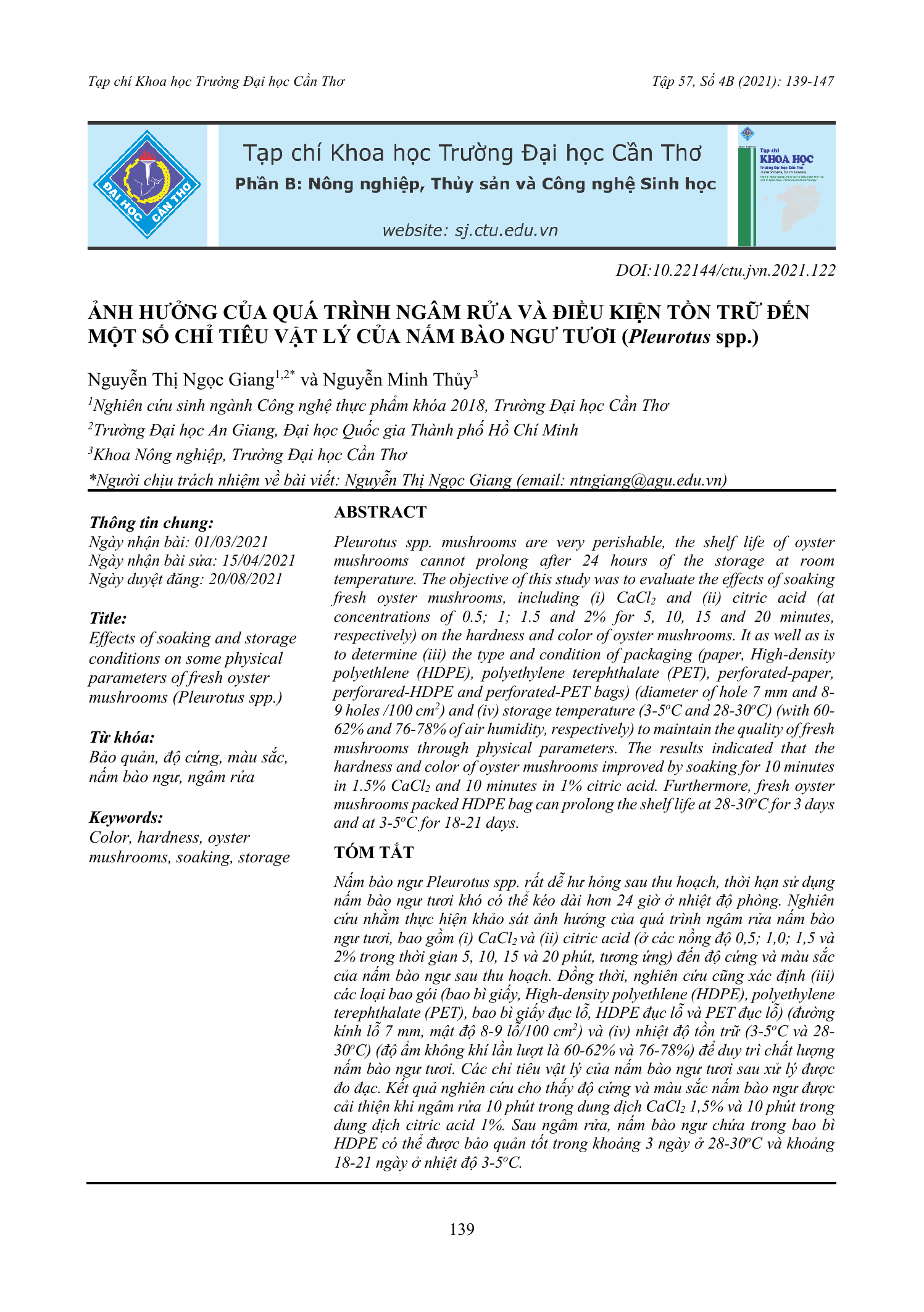 Ảnh hưởng của quá trình ngâm rửa và điều kiện tồn trữ đến một số chỉ tiêu vật lý của nấm bào ngư tươi (Pleurotus spp.)