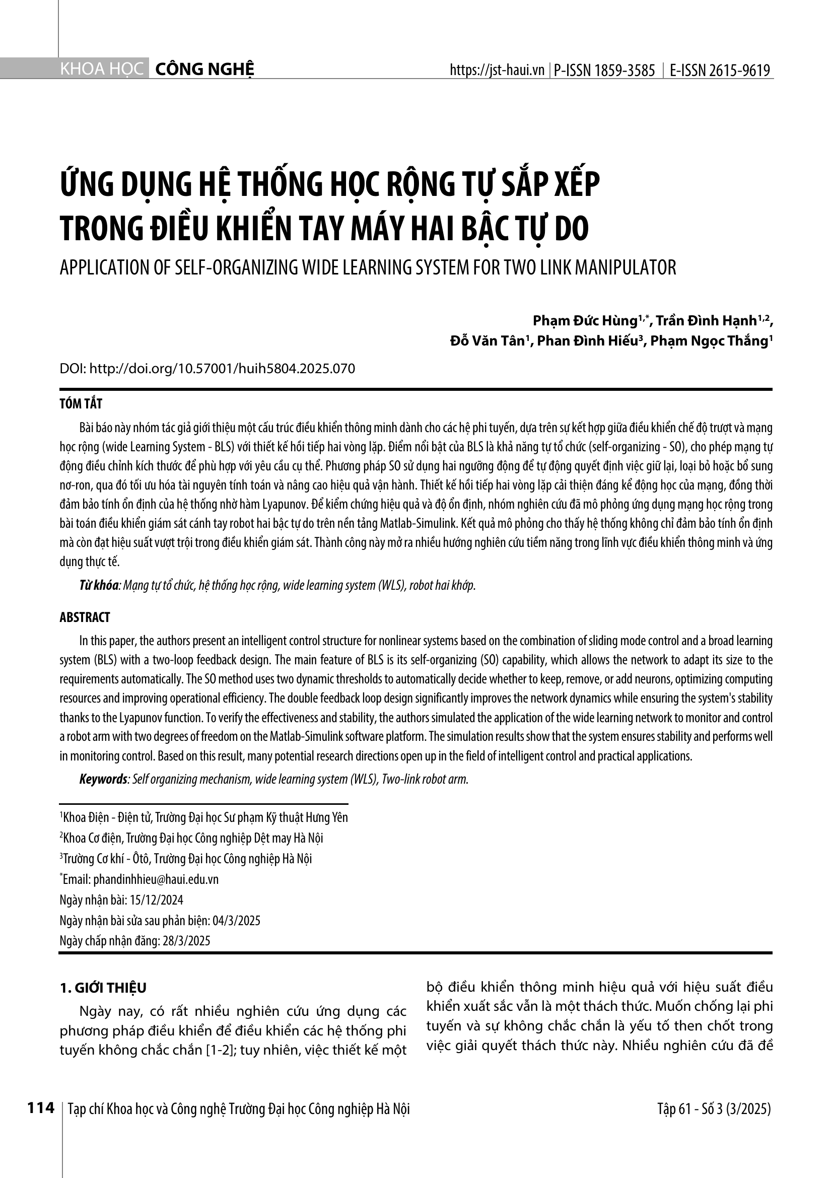 Ứng dụng hệ thống học rộng tự sắp xếp trong điều khiển tay máy hai bậc tự do