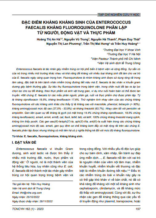 Đặc điểm kháng kháng sinh của Enterococcus faecalis kháng fluoroquinolone phân lập từ người, động vật và thực phẩm